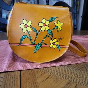 Vintage Twee Indie Ochre Yellow‎ boho Floral Applique Saddle Bag Purse